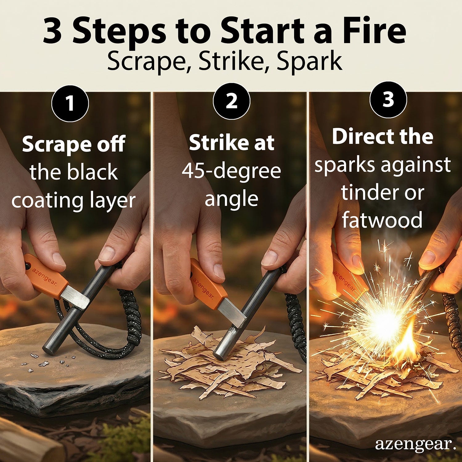 Ferro Rod Fire Starter Kit (⌀1cm), Flint & Steel Striker for Camping - aZengear