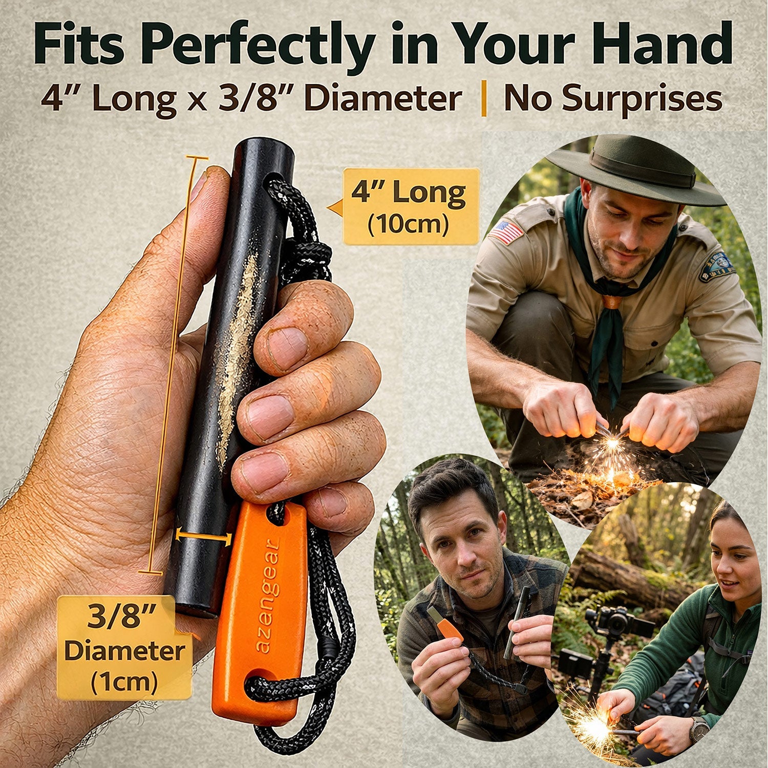 Ferro Rod Fire Starter Kit (⌀1cm), Flint & Steel Striker for Camping - aZengear