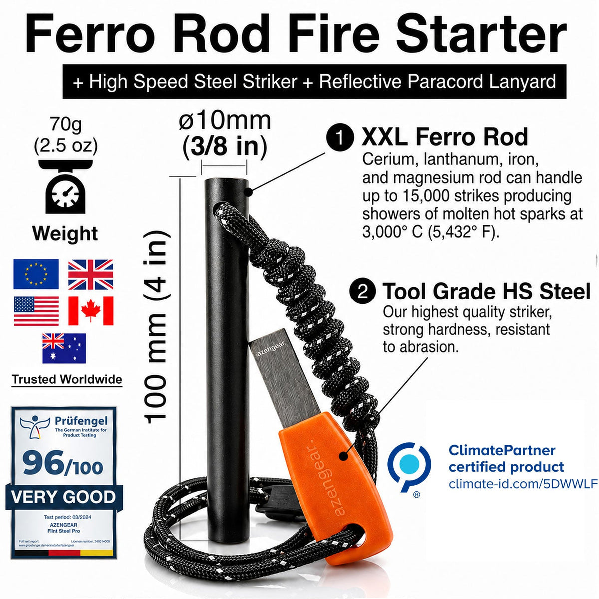 Ferro Rod, Firesteel, Fire Starter Kit (10cm x ⌀1cm) - aZengear