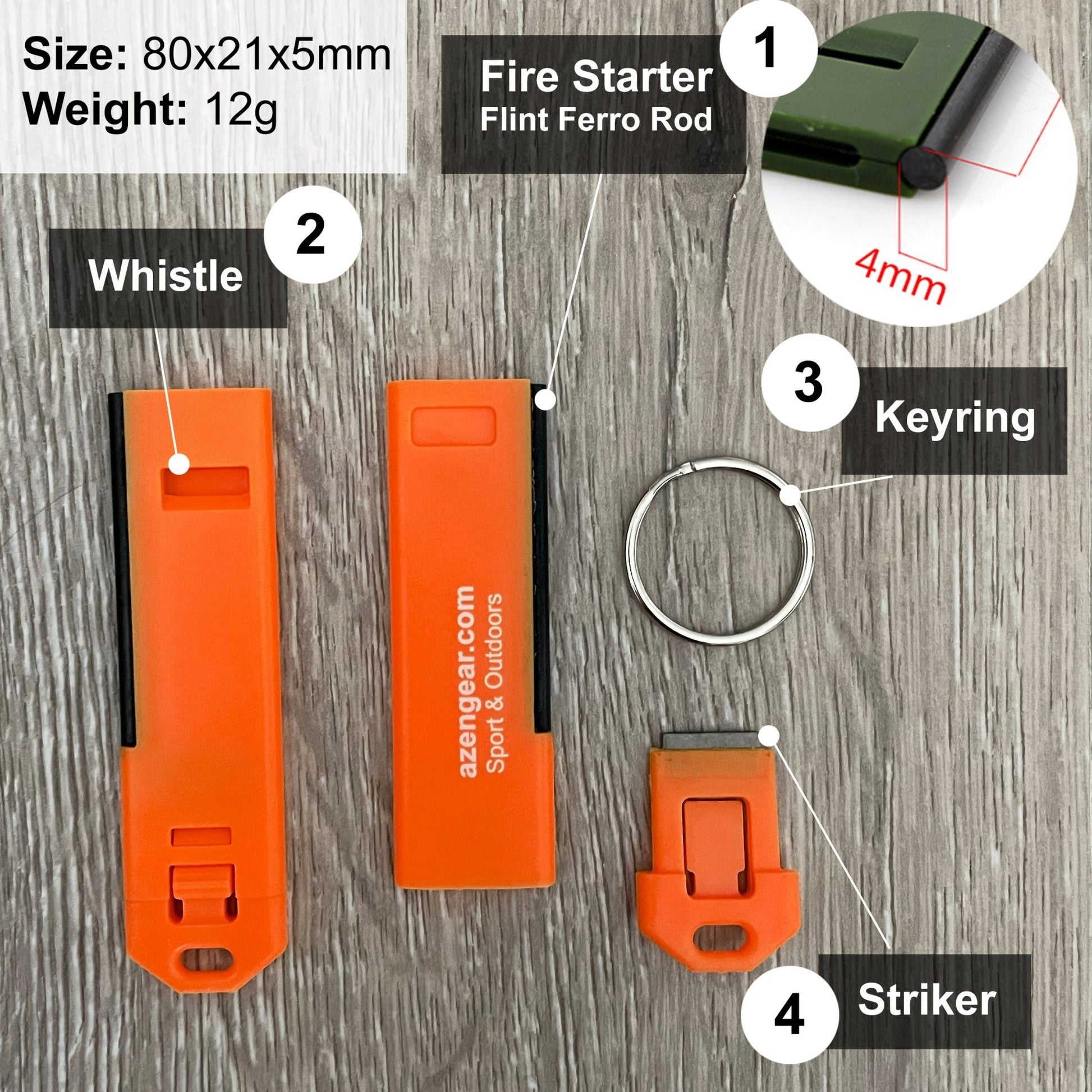 Flint Rod Fire Starter Survival Whistle - aZengear (Artdriver Ltd)