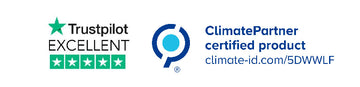 Trustpilot Excellent rating badge and ClimatePartner certified product logo with the URL climate-id.com/5DWLF on a white background.