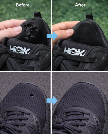 A 2x2 before-and-after comparison showing a black HOKA shoe. The top row shows a close-up of the toe area with a dark, damaged patch labeled 'Before' and a smoother, repaired-looking section labeled 'After' with a blue arrow between them.