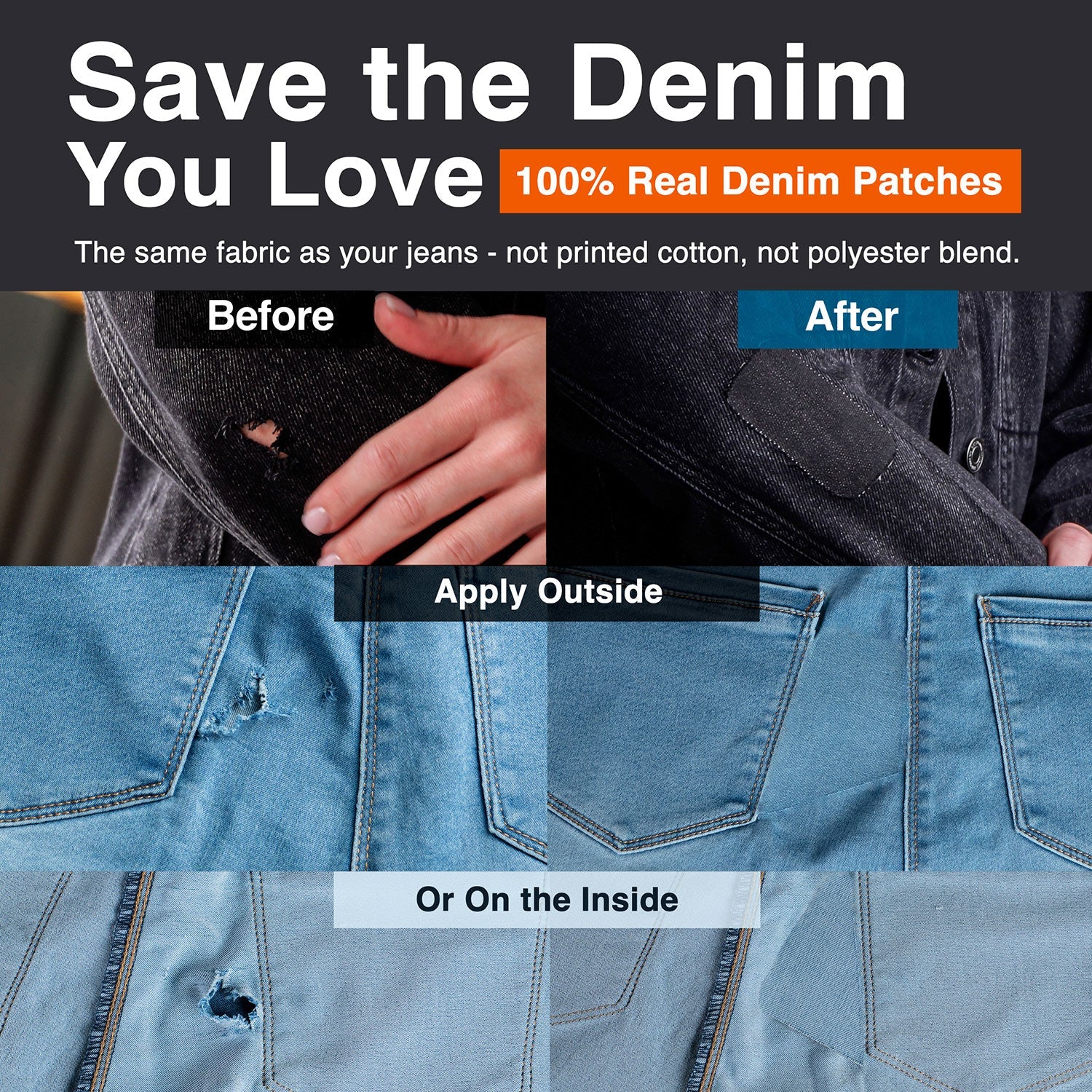 Iron - On Denim Repair Patches for Jeans (10 Pack) - 100% Cotton Heavy Duty, Wash - Proof - aZengear