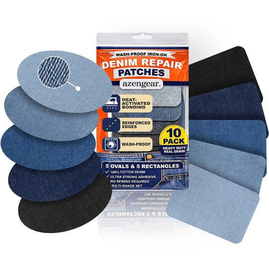 Iron - On Denim Repair Patches for Jeans (10 Pack) - 100% Cotton Heavy Duty, Wash - Proof - aZengear