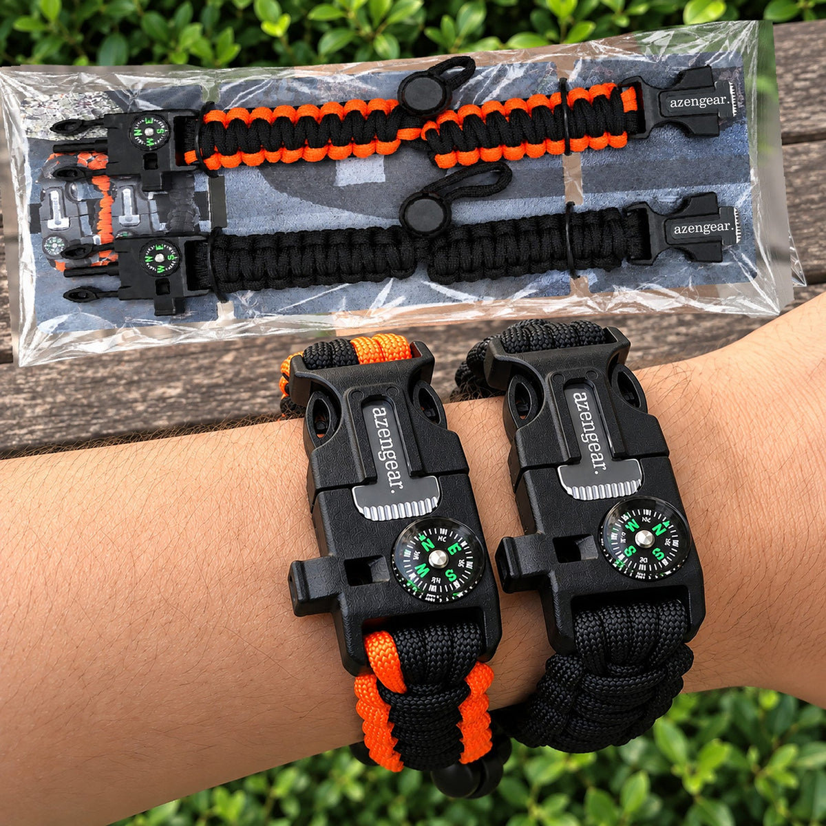 Paracord Survival Bracelet (2 Pack), Fire Starter, Whistle, Compass - aZengear