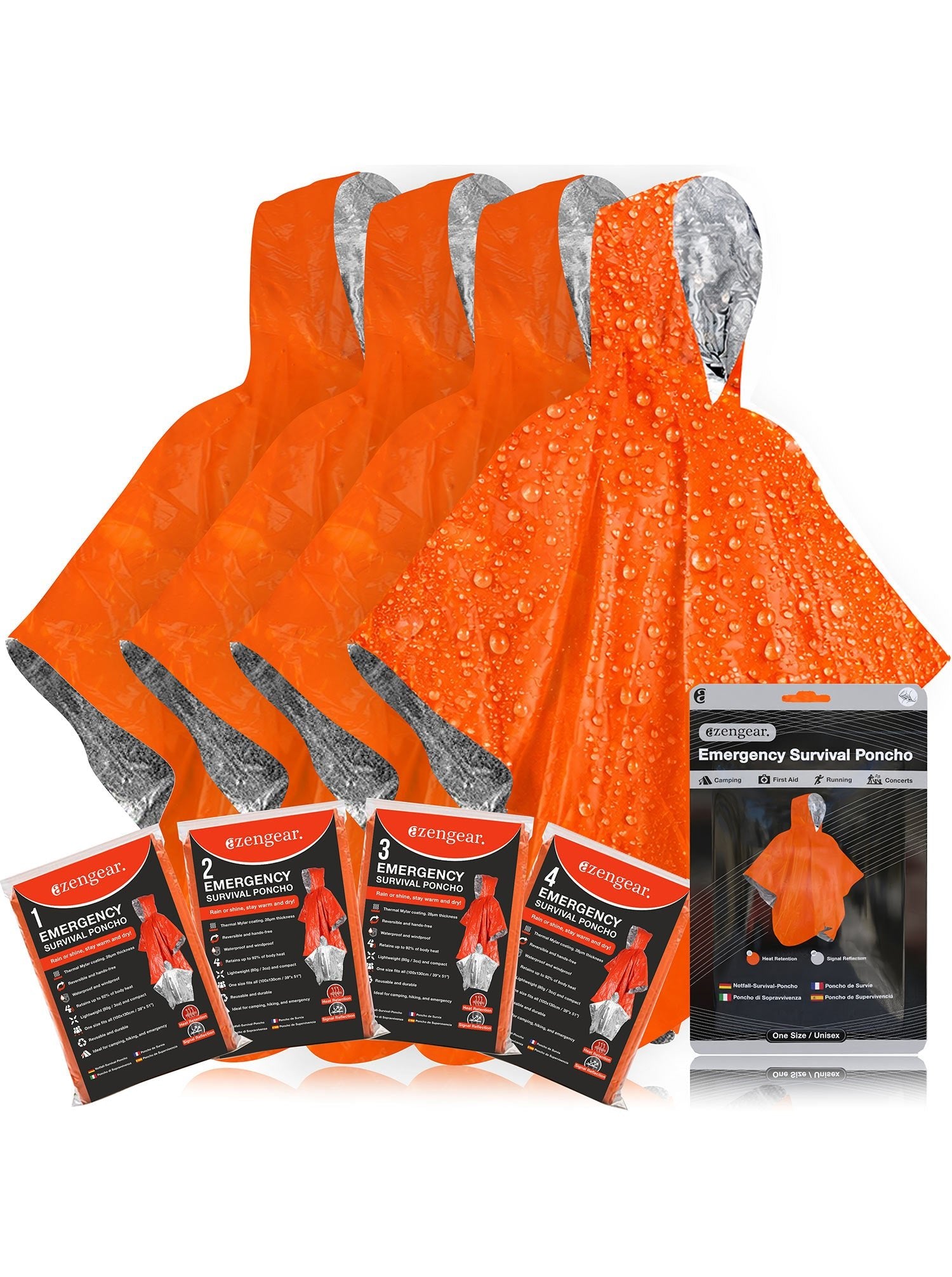 Emergency Survival Poncho Thermal Mylar Foil Coating Blanket Heat Retention Rain Reversible Hood Waterproof Windproof Portable Hands free Outdoor Kit
