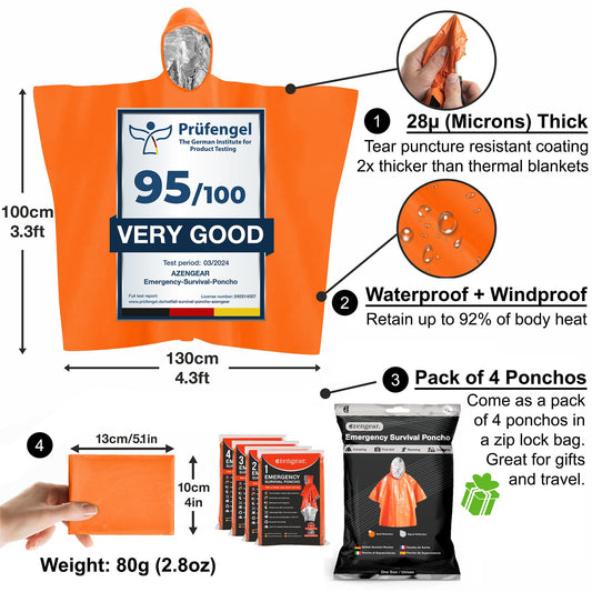 Poncho de survie d'urgence réversible en aluminium (4 pièces) 