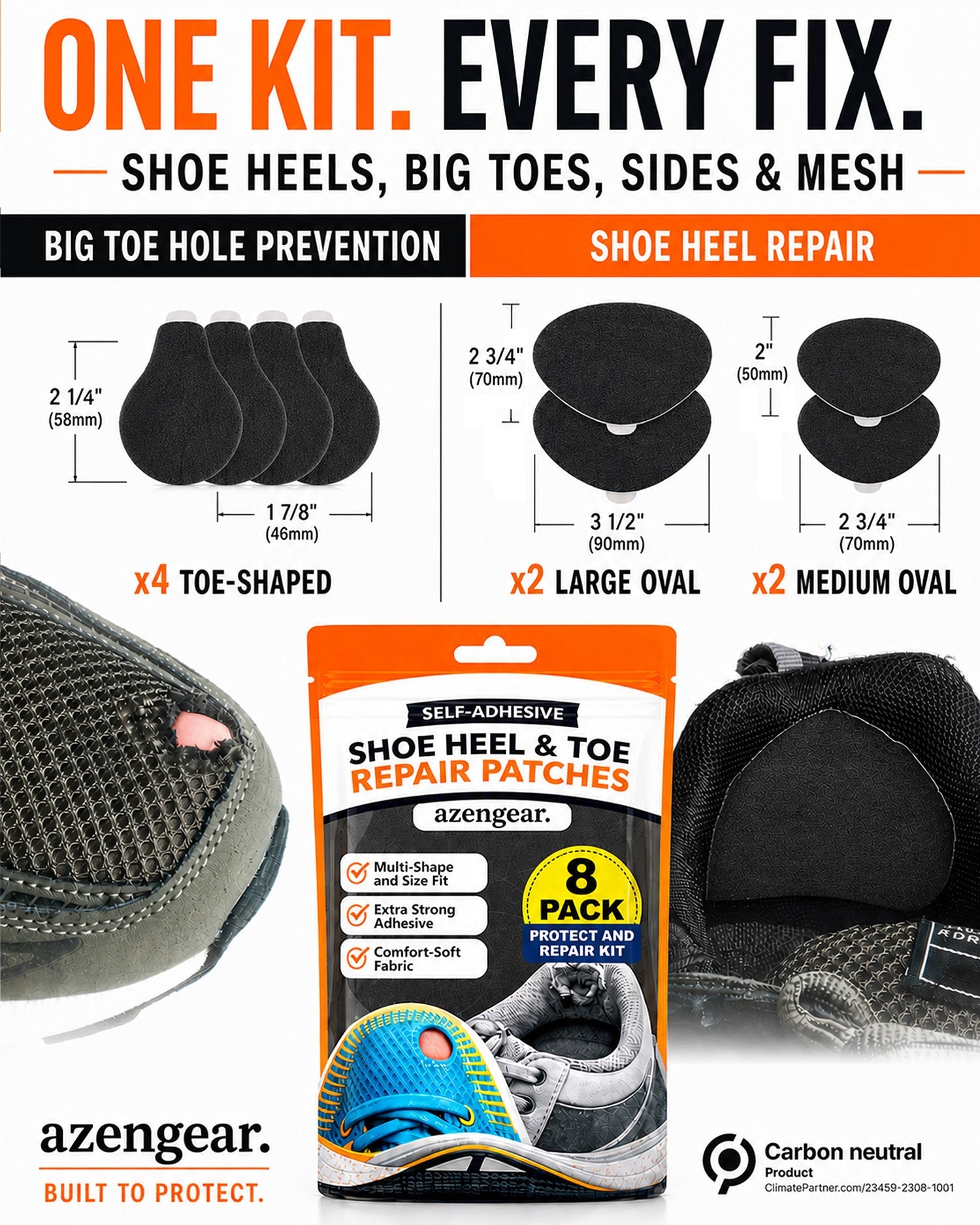 Shoe Heel Repair & Big Toe Hole Preventer Patch Kit - Stick - On, Strong Adhesive, Soft Suede for Sneakers, Boots - aZengear