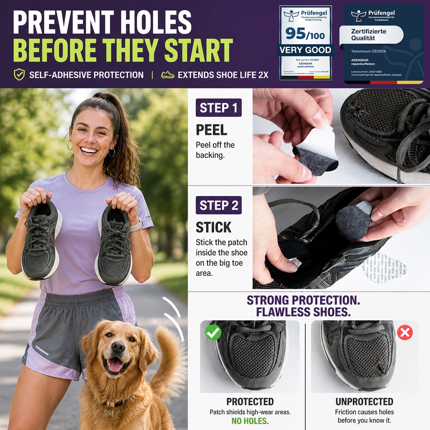 Shoe Heel Repair & Big Toe Hole Preventer Patch Kit - Stick - On, Strong Adhesive, Soft Suede for Sneakers, Boots - aZengear
