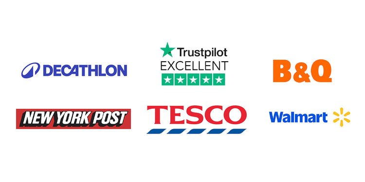 A collage of retail and media logos on a white background, including Decathlon, Trustpilot Excellent, B&Q, New York Post, Tesco, and Walmart.