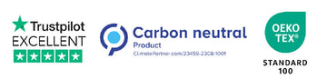 Certification badges for a product listing, including Trustpilot Excellent, Carbon Neutral Product, and OEKO-TEX Standard 100, on a white background.
