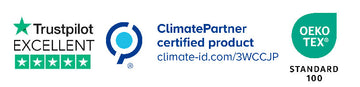 Certification badges for a climate product, including Trustpilot Excellent, ClimatePartner certified product, and OEKO-TEX Standard 100, shown on a white background.