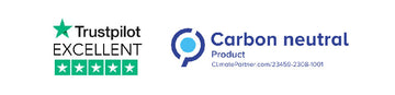 Trustpilot excellent rating badge and Carbon Neutral Product certification logo on a white background.