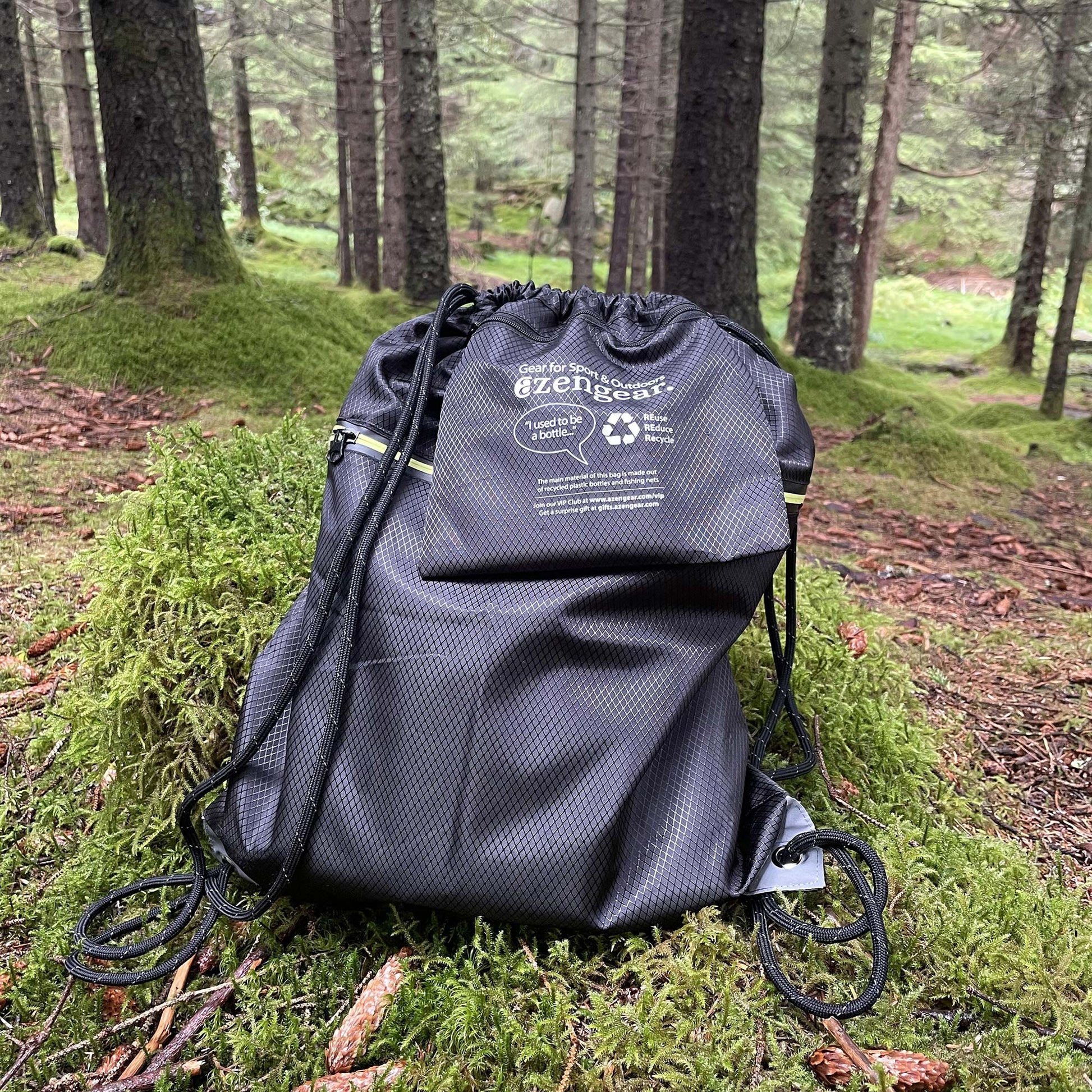 Drawstring Gym Bag from Waterproof Recycled Polyester - Rucksack for Sport, PE, Swim, Beach, Yoga (Black) - aZengear