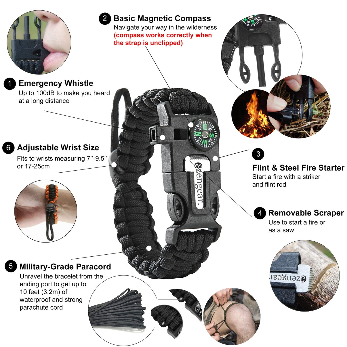 aZengear Paracord Survival Bracelet (5 in 1) Flint and Steel Fire